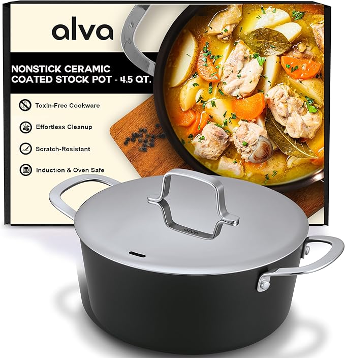 Alva Maestro 4.5-Quart Ceramic Coated Nonstick Stock Pot with Lid – Oven & Induction Safe Cookware – Made Without PFAS, PFOA & PTFE – Toxin-Free, Scratch-Resistant, Easy to Clean, Black