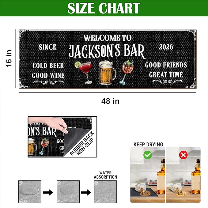 THUYPT Personalized Bourbon Bar Mat for Countertops, Runner Bar Mat Bar Kitchen Accessories, Home Bar Men Cave Decor, Home Table Decor Place Mats