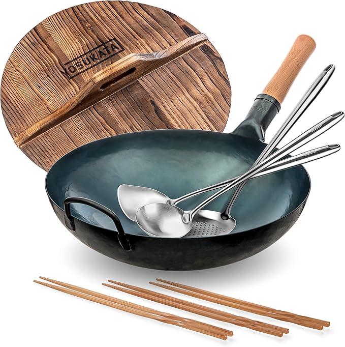 YOSUKATA Blue Round Bottom Wok Pan – 14" + 17" Spatula and Ladle Skimmer Spoon + Premium Wok Cover 14 inch Pan Lid +Reusable Natural Wooden Long Cooking Chopsticks Set of 3 pairs