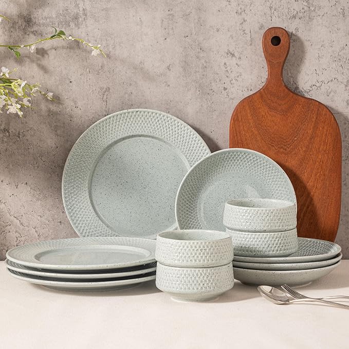 Dinnerware sets plates and bowls sets modern plates,Ceramic Dinnerware Sets,12 Pieces Porcelain Lightweight Plates,Scratch Resistant Dish Set (style - 12, 4 - Set (12pcs))