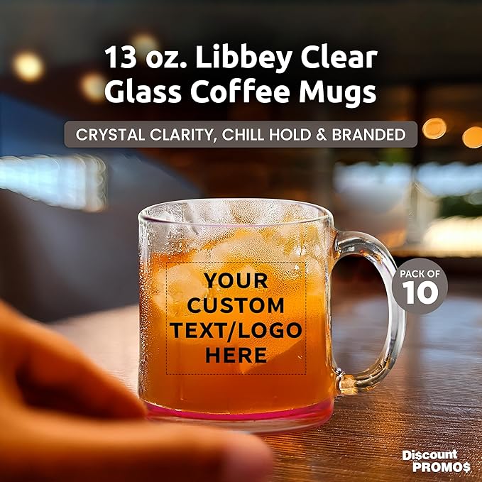 Custom Libbey Clear Glass Coffee Mugs 13 oz. Set of 10, Personalized Bulk Pack - Perfect for Coffee, Tea, Espresso, Hot Cocoa, Other Beverages - Pink Bottom