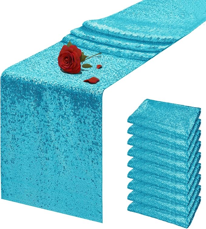10 Packs 12 x 72 inches Turquoise Sequin Table Runner, Glitter Runner for Birthday Party Supplies Wedding Holiday Celebration Baby Shower Engagement Anniversary Decor