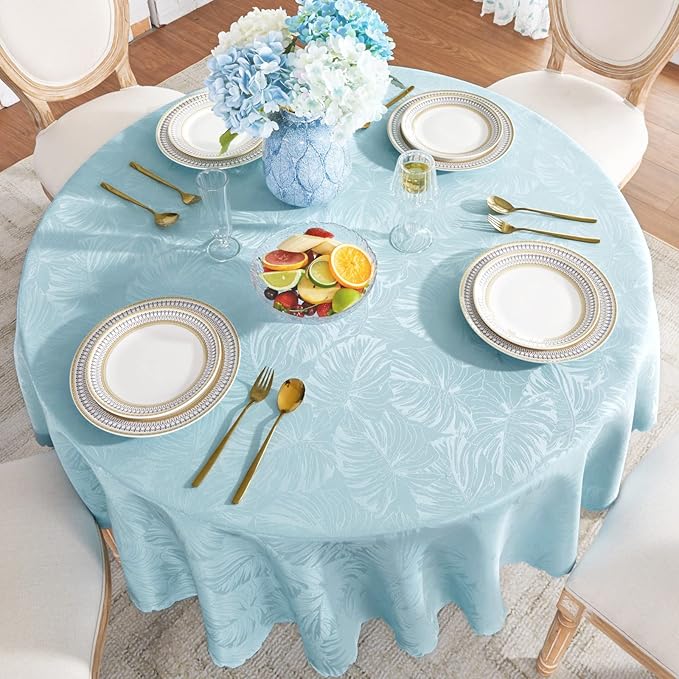 Jacquard Round Tablecloth 70 Inch Blue Tablecloth Leaves Pattern Scalloped Edge Silky Soft Table cloth Waterproof Wrinkle Resistant Washable Table Cover for Dining Tabletop Party Banquet Decoration