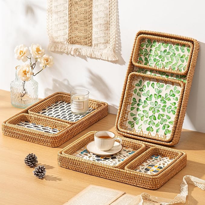 Set of 3 Rectangle Rattan Trays for Decor, Coastal Wicker Serving Tray, Hand-Woven from Natural Rattan with Mother of Pearl Inlay, Boho Woven Decorative Trays for Bathroom Kitchen Counter, Entryway