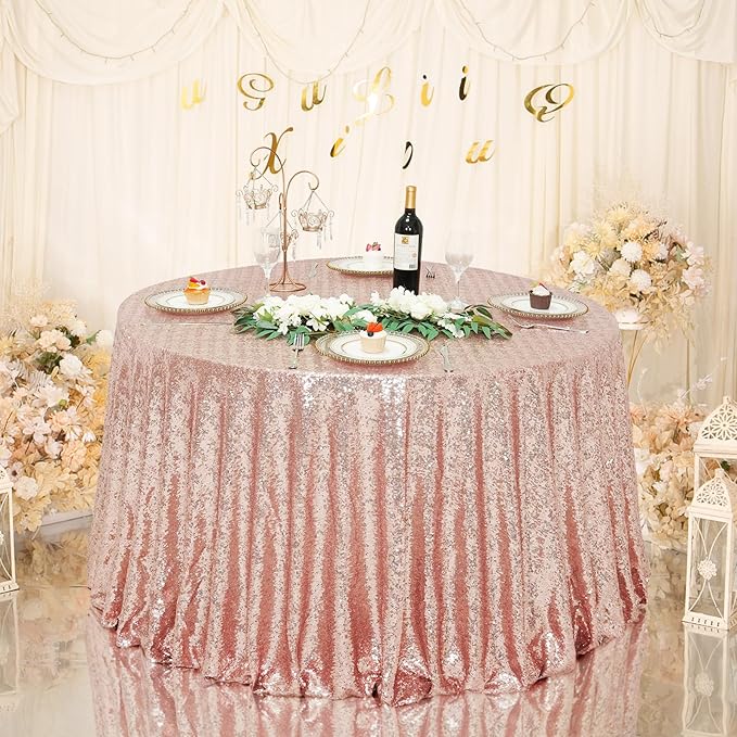 Eternal Beauty Rose Gold Tablecloth, 120 Inch Round Sequin Tablecloth for Valentines Party Cake Dessert Table Exhibition Events