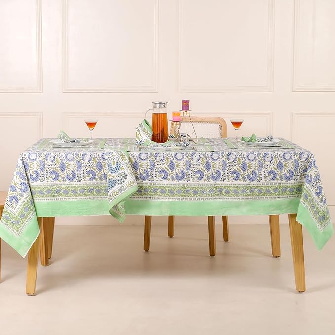 Hand Block Printed Table Cover - Exquisite Design, Premium Cotton Fabric, Perfect for Dining and Decor, Dining Table Linen(Moss Green,6 Seater 60 x 90 Inches Rectangle)