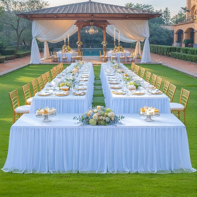 2 Pack 6ft Baby Blue Tulle Tablecloths for Rectangle Tables 72 x 30 Inch Rectangular Table Cloth Wrinkle Free Table Cover with Tutu Skirt for Baby Shower Birthday Party Banquet Buffet Cake Decorations