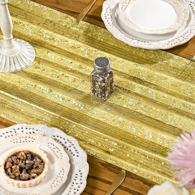 Artoid Mode Light Yellow Gold Gauze Table Runner 120 Inch 10FT, Glitter Metallic Foil Sheer Dining Wedding Anniversary Holiday Birthday Table Decor for Home Party