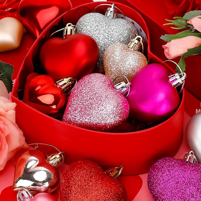 60 PCS Heart Shaped Ornaments, Romantic Glitter Hanging Baubles Decorations, Red Pink Glossy Ornaments Bulk for Valentine's Day Wedding Party Home Decor