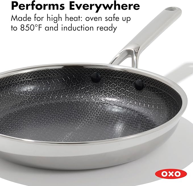 OXO Hybrid 10” Nonstick Stainless Steel Frying Pan, Durable PFAS-Free Ceramic Skillet, Stay-Cool Handle, Induction & All Cooktop Compatible, Dishwasher Safe, Mirror Polished Tri-Ply