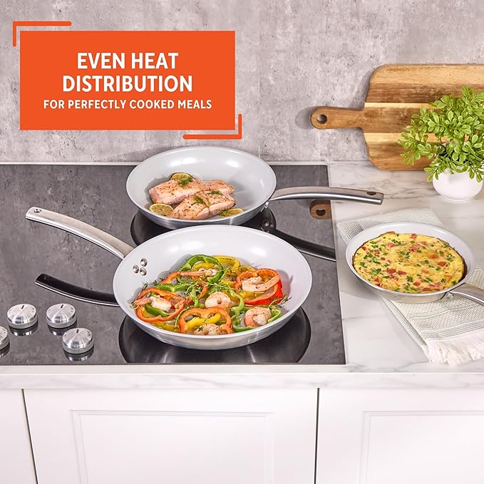 IMUSA 3-Piece Fry Pan Set 8”, 10” & 12” | Ceramic Nonstick Stainless Steel Induction Cookware | Aluminum Skillet Set for Frying, Sautéing & Stir Fry | Oven Safe Cookware with Comfortable Handles