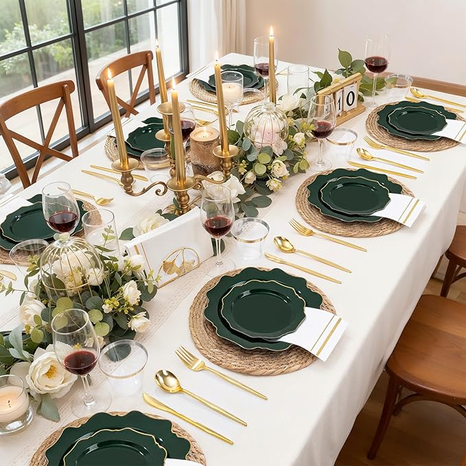 WDF 175Pcs Green Plastic Plates - Green Plates Disposable with Gold Rim - Christmas Plastic Plate - Fancy Disposable Dinnerware Sets 25 Guests Ideal for Party/Wedding/Birthday/St.Patrick's Day