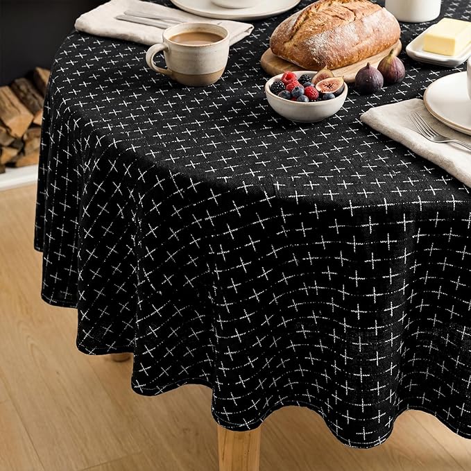 Horaldaily Black Round Table Cloth, Cross-Star Solid Textured Embroidery Tablecloth, Wrinkle Free Washable 60×60 Inch Table Cover for Kitchen, Party, Wedding, Picnic, Outdoor