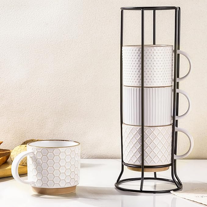 GBhome 12OZ Stackable Coffee Mugs with Stand, Ceramic Coffee Mugs with Texture Patterns for Man,Woman,Dad,Mom, Modern Coffee Cups Set of 4 for Latte/Cappuccino/Cocoa. Dishwasher&Microwave Safe