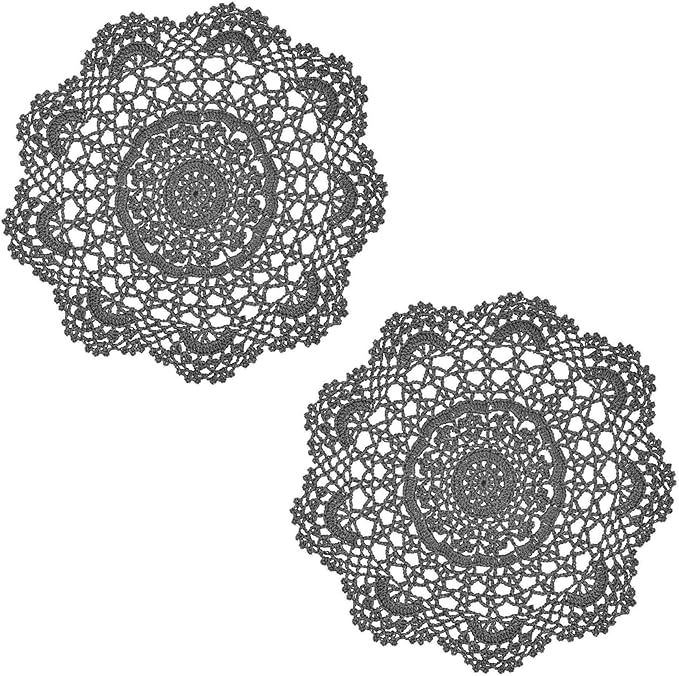 BIBITIME 2PCS Lace Table Doilies Kitchen Placemats Round Handmade Crochet Flower Cup Mug Mat Doily (13 inches to 14 inches,2PCS, Dark Grey)