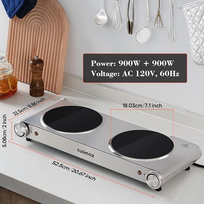 Double Burner, CUSIMAX Electric Burner 1800W Ceramic Hot Plate for Cooking, Glass Plate Infrared Burner, Portable Dual Control Electric Cooktop, Stainless Steel-Upgraded Version