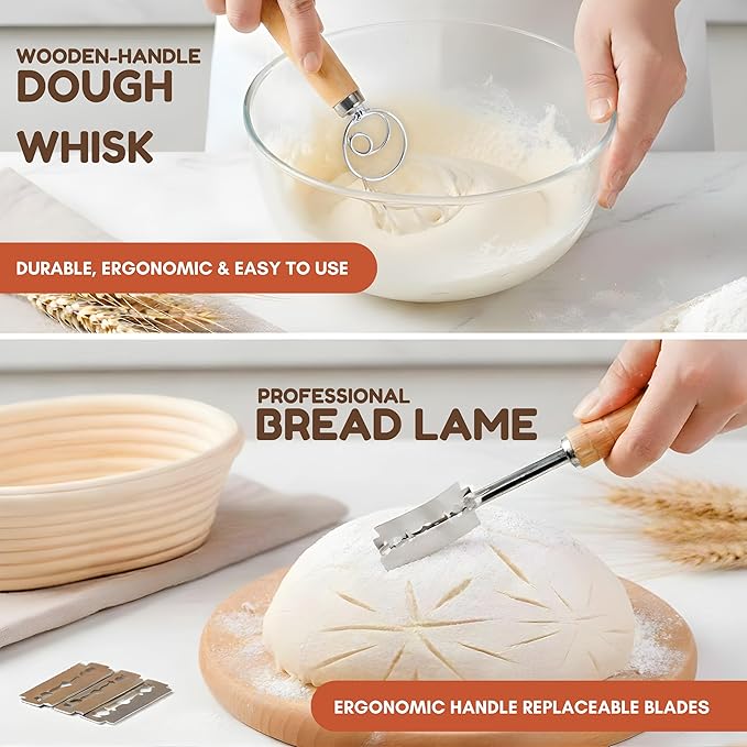 EROIR Sourdough Starter Kit - 38oz Glass Starter Jar with Date Marked Feeding Band, Thermometer, Jar Scraper, 9" Round Bread Proofing Basket, Dough Whisk, Lame, Bowl Scraper, Clean Brush, Recipes Book