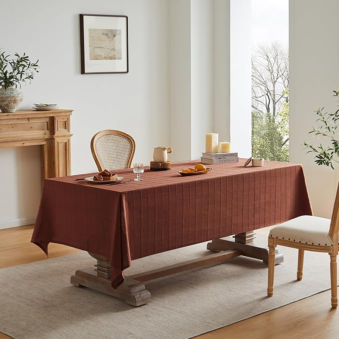 ZeeMart Linen Checked Table Cloth, Farmhouse Style Plaid Embroidered Rust Tablecloth, Water Resistant Rectangle Table Cloth, Terracota 60x104 Inches