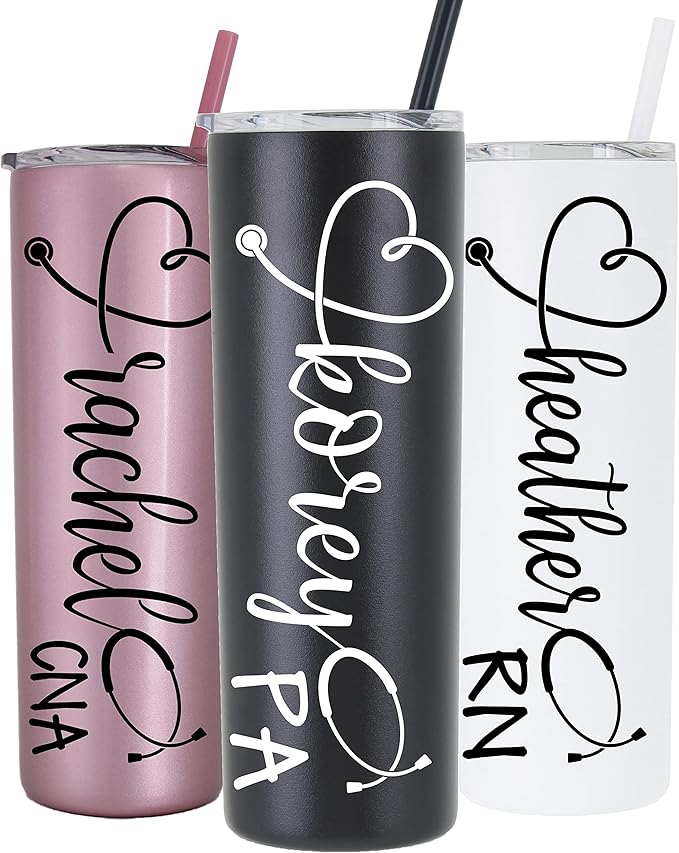 20 oz Personalized Nurse's Stainless Steel Vinyl Decal Tumbler with Custom Stethoscope Name by Avito - Includes Straw and Lid - Nurse RN - Nurse Gift