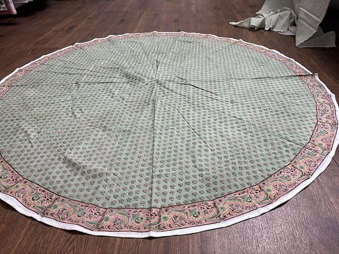 Ridhi Block Print Round Swamp Green Reusable Tablecloth 100% Cotton 110" Inch Decorative Table Cover eveyday Dining, Home, Party, Wedding, Farmhouse Gift for Spring, Easter, Valentine