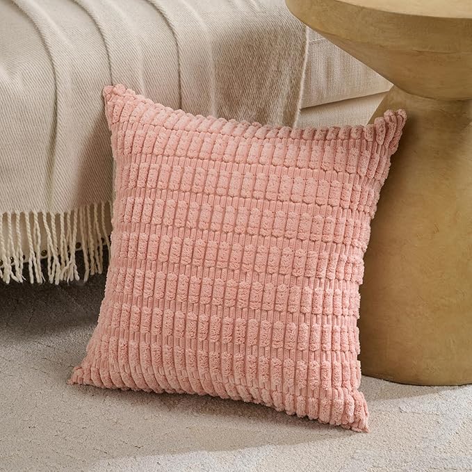 Fancy Homi 4 Packs Boho Blush Pink Euro Decorative Throw Pillow Covers 26x26 Inch for Living Room Bed, Soft Plush Striped Corduroy Square Light Pink Coral Peach Cream Colorful Cushion Case 66x66 cm