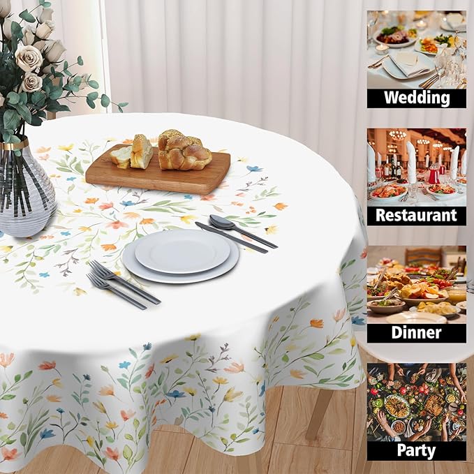 Spring Watercolor Floral Round Tablecloth 60 Inch Summer Wild Flower Polyester Table Cloth Easter Rustic Farmhouse Table Cover Decoration for Kitchen Dinner Party