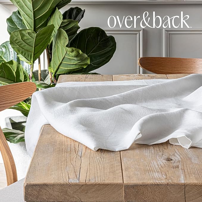 Over&Back 100%-Linen Woven Tablecloth - Colorful Dining Room Table Cover - Mitered Corner Hems - Machine Washable - Kitchen and Home Decor - Ivory - 70x108