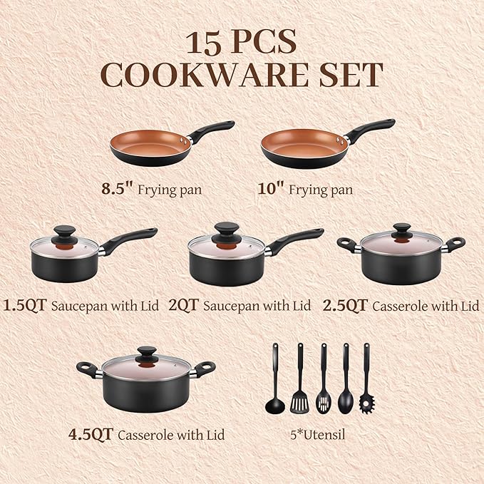 Ceramic Pots and Pans Set, 15PCS Nonstick Set Ceramic Cookware Set, Nonstick Pan Pots and Pans Set Non Stick Cookware set (With-Induction)