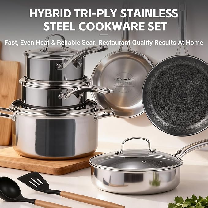 Ammeloo 17 Pcs Nonstick Stainless Steel Cookware Set, Hybrid Stainless Steel Pots and Pans Set Non Stick, Non Toxic Kitchen Cookware Sets, Dishwasher & Oven Safe, Induction & All Cooktop Compatible