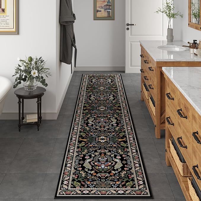 Runner Rug Washable Kitchen Runner 2'x10' Rug Floral Non-Slip for Entryway Indoor Soft Carpet for Hallways, Kitchen, Laundry, Bedroom, Bathroom (Vibrant Black)
