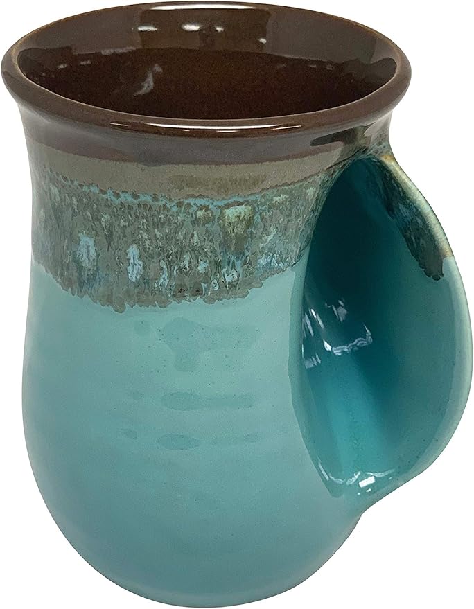 Clay in Motion Hand Warmer Coffee Mug – Handmade Coffee Mug With Comfortable Handle Contoured Pocket Hand Warming Ceramic Coffee Mug – Proudly Made in USA – Right Handed – 14 Oz - Ocean Tide