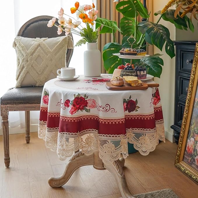 SUTAVIA Round Table Cloth with Embroidered Lace Farmhouse TableCover Classic Antique Flower Decor Macrame Tablecloth for Home Holiday Garden Coffee Small Table(Burgundy, 45 inch Round)