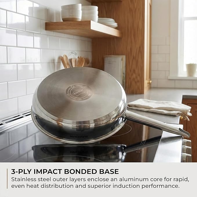 Sunhouse 8 Inch Tri-Ply Stainless Steel Frying Pan, Whole-Clad No Coatings Skillet with Stay-cool Handle for Cooking, Durable & Oven Safe to 500°F, Dishwasher Safe, Compatible with All Cooktops