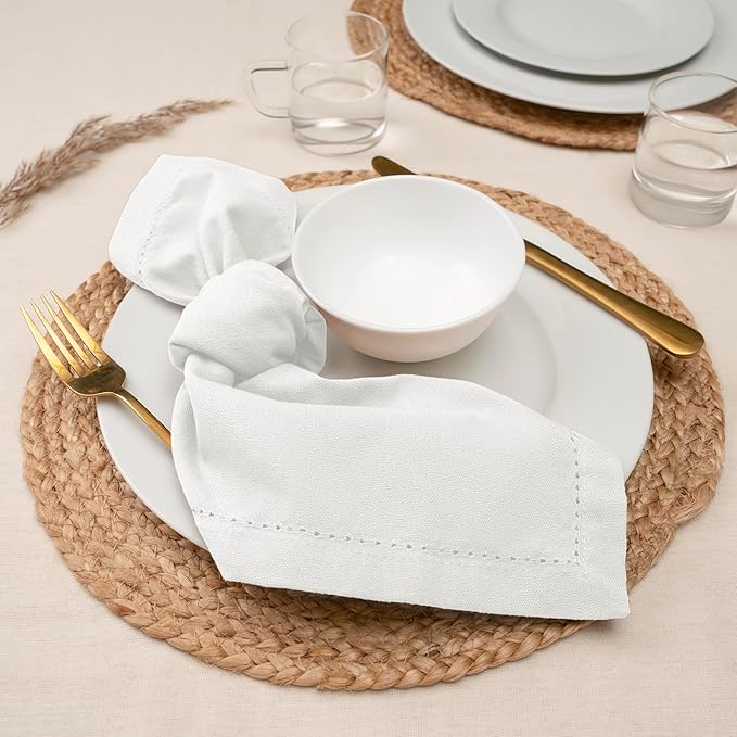 Blue Needles Set of 6 Hemstitch Linen Napkins 100% Cotton White Cloth Dinner Napkins 18x18 inches, Soft, Reusable, Absorbent, Washable, Ideal for Valentine's Day Events, Parties & Everyday Use