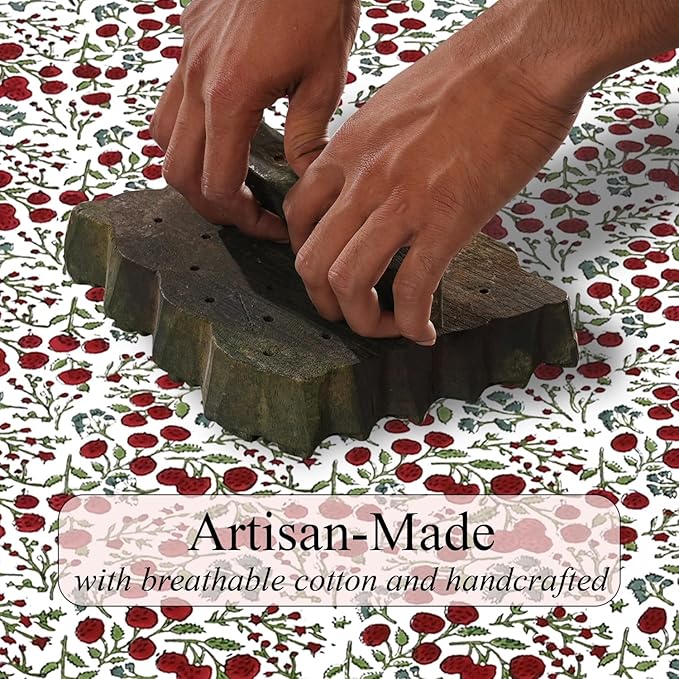 Ridhi Hand Block Print Garnet Red Rectangle Cotton Tablecloth 108" x 70" Reusable Table Cover Decorative Everyday Use for Dining, Farmhouse, Home Gift for Spring, Easter, Valentine