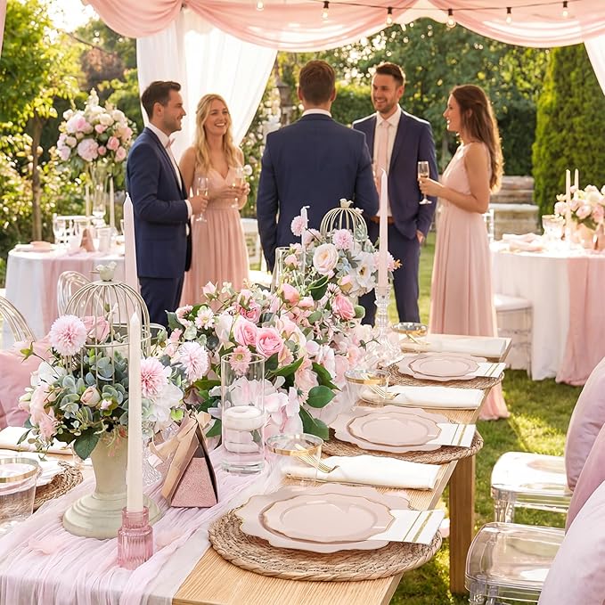 WDF 175Pcs Pink Plastic Plates - Pink and Gold Plates Disposable 25guest Plastic Dinnerware Ideal for Tea Party/Easter/Wedding/Baby Shower/Valentine's Day