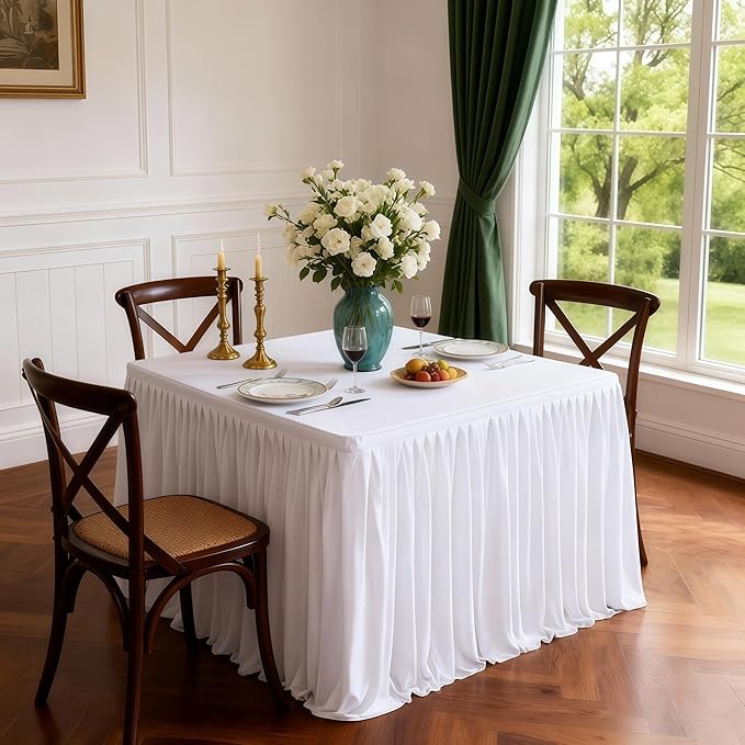 Wish Care 2 Pack White Square Table Clothes for 2.8 Foot Tables, Polyester Fitted Tablecloths 2.8ft Stretch Table Cover for Wedding, Birthday, Parties, Trade Show, Craft Show