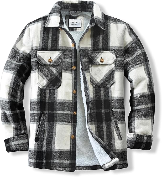 Men's Cotton Sherpa Lined Button Down Flannel Shirt Jacket Plaid Soft Outdoor Flannel Jacket Shirt