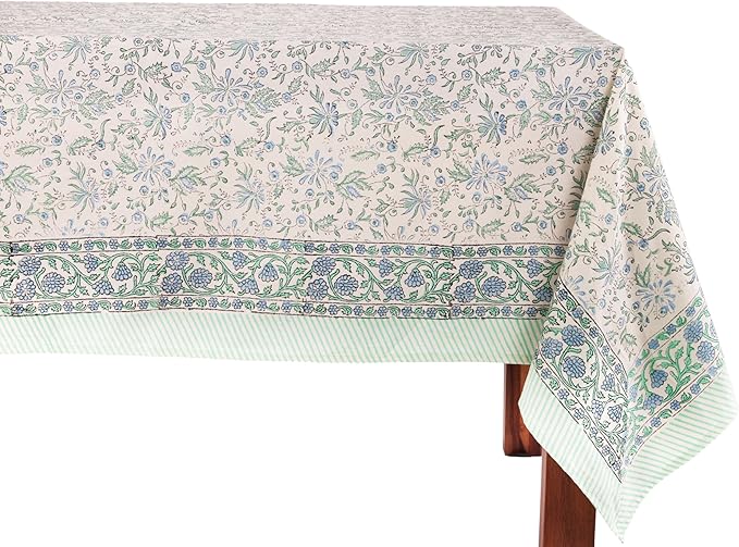 ATOSII Aster Blue 100% Cotton Rectangle Boho Fall Tablecloth, Handblock Floral Table Cloth Linen for Kitchen Dining I Parties Wedding Outdoors Christmas Thanksgiving I Fall Home Decor 60 X 90 Inches