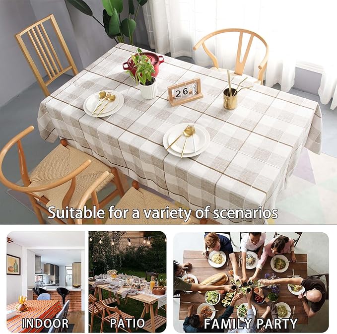 SIELUNO Rectangle Tablecloth Cotton Linen Waterproof Table Cloth Rustic Farmhouse Table Cover for Holiday Parties Christmas Kitchen Dining Decoration-Coffee Checkerboard -54"x102"