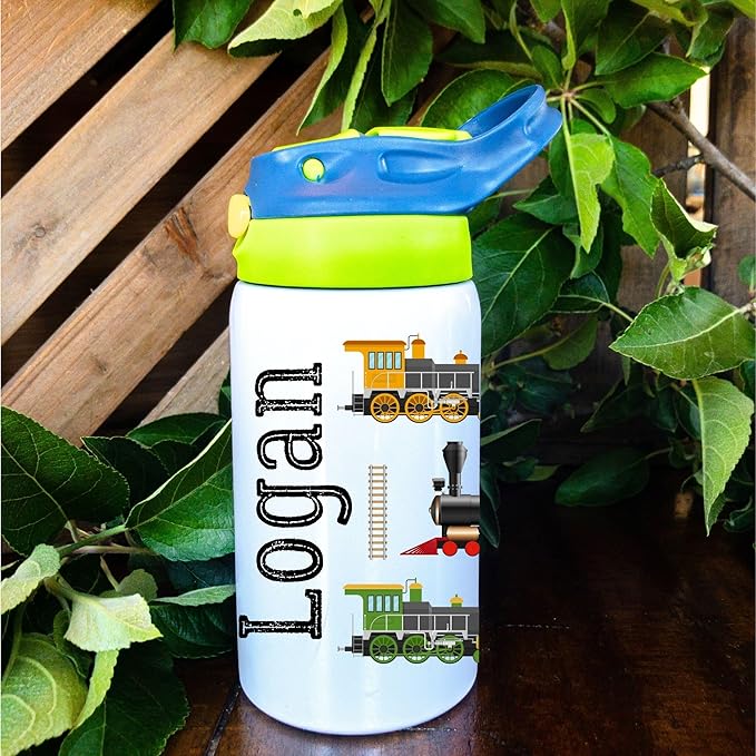 Personalized Train Water Bottle for Kids / 12oz Insulated Stainless Steel Cup with Lid & Straw/Custom Name Locomotive Bottle for School, Preschool, or Travel/Train Track Design