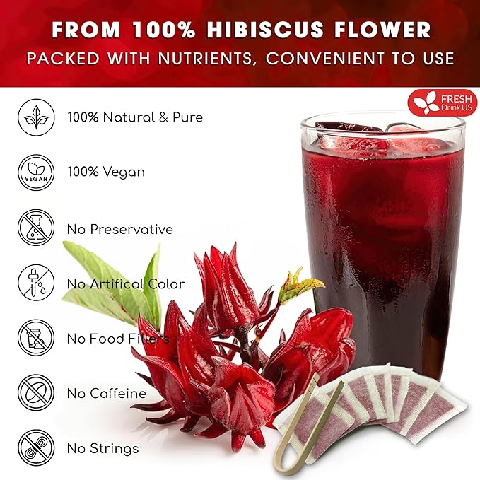 FreshDrinkUS, Premium 30 Hibiscus Flowers Tea Bags, 100% Natural & Pure from Hibiscus Flowers. Loose Flower Herbal Tea. No Sugar, No Caffeine, No Gluten, Vegan.