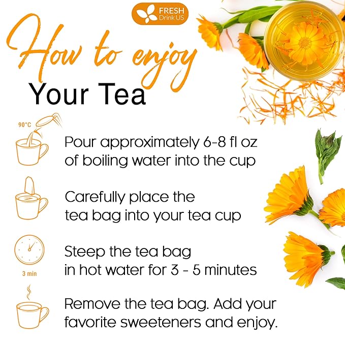 FreshDrinkUS, Premium 135 Calendula Tea Bags, 100% Natural and Pure Calendula Flowers, Eco-conscious Tea Bags. Herbal Tea. No Sugar, No Caffeine, No Gluten, Vegan.