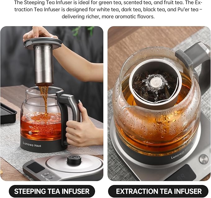 Titanium & Glass Electric Tea Kettle & Tea Maker, Pro Steam Extraction, 11 Temp & 10 Strength Levels, 12H Auto Warm, 1.2L 600W 120V,BPA-Free, 2Infusers