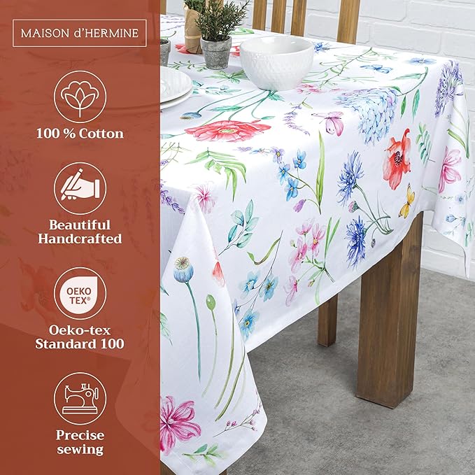 Maison d' Hermine Table Cloth Rectangle Table 100% Cotton 60 x 90 Inches Tablecloth Reusable Decorative for Dining Room Farmhouse Home Valentines Day Decorations Spring Summer - Just Floral
