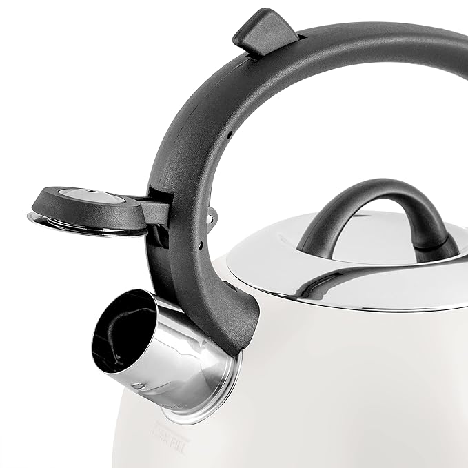 Mr. Coffee Flintshire 1.75-Quart Stainless Steel Whistling Tea Kettle with Nylon Handle – Durable Stove-Top Kettle in Linen Finish
