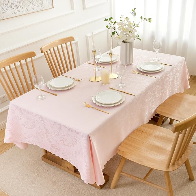 Rectangle Tablecloth Jacquard Pink Table Cloths Waterproof Washable Leaves Soft Woven Fabric Farmhouse Table Cover for Kitchen Dining Outdoor Birthday Party Banquet Decor (60x102In)