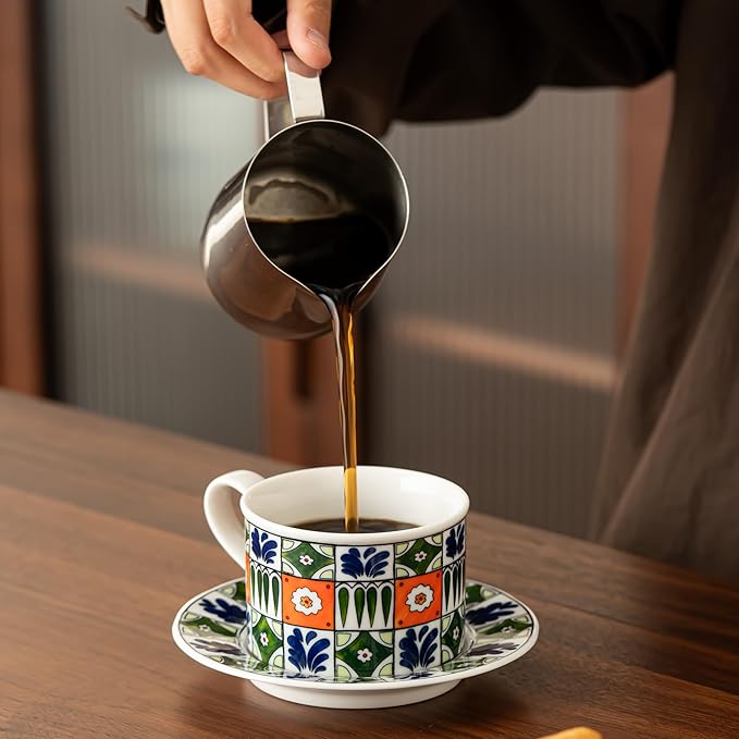 Ceramic Coffee Mug with Saucer 10 OZ Turkish Iznik Green Red Blue Flower Porcelain Coffee Cup Set for Home Office Women Men Gifts CM06