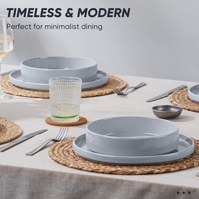 E-far 8-Piece Plates and Bowls Sets - Stoneware Dinnerware Sets with Pasta Bowls for 2 | Microwave & Dishwasher Safe Kitchen Modern Dish Set, Speckled Gray