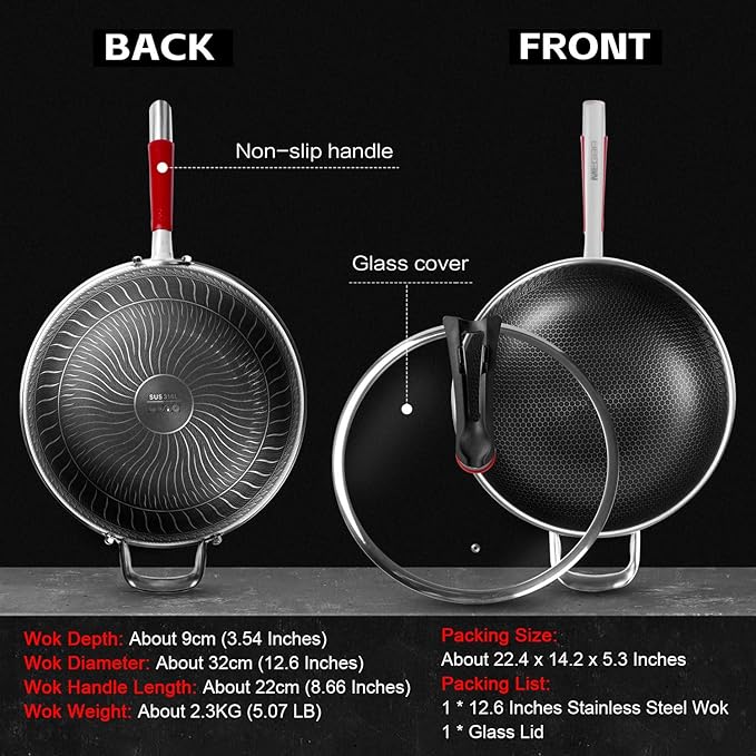 MEGOO 12 inch Stainless Steel nonstick wok with lid | Honeycomb wok & stir-fry pan | induction wok Compatible with All Cooktops | Dishwasher Safe | PFOA/PFA-Free